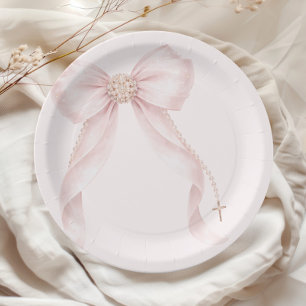 Assiettes En Carton Baptême Croix Dorée Ruban Rose Foncé Perle