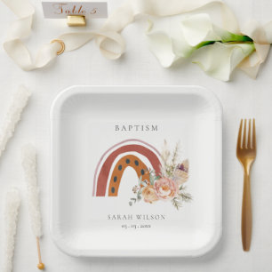 Assiettes En Carton Baptême de croix arc-en-ciel Floral Boho orange r