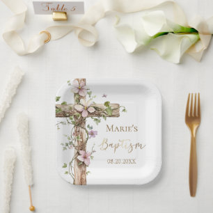 Assiettes En Carton Baptême de la Sainte Croix Florale Aquarelle