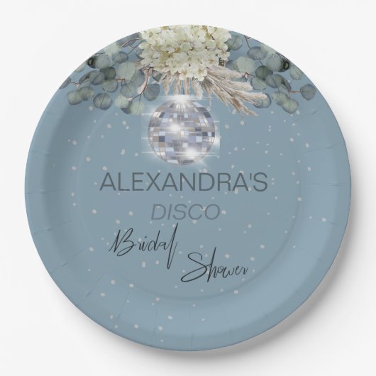 Assiettes En Carton Baptême de mariage boule disco florale bleu poussi (Devant)