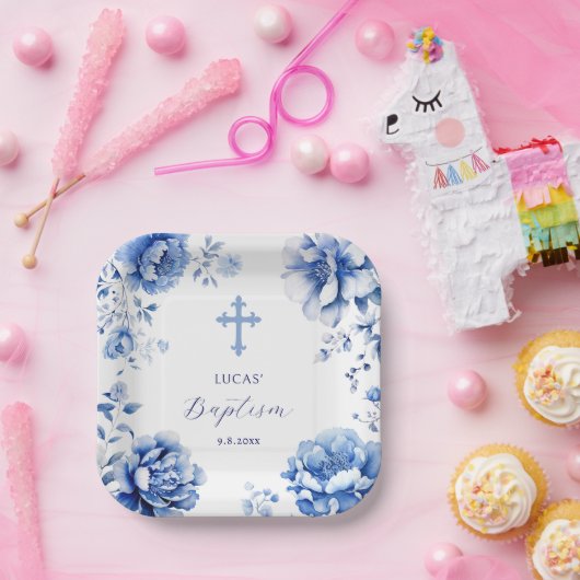 Assiettes En Carton Baptême des fleurs bleues (Fête)