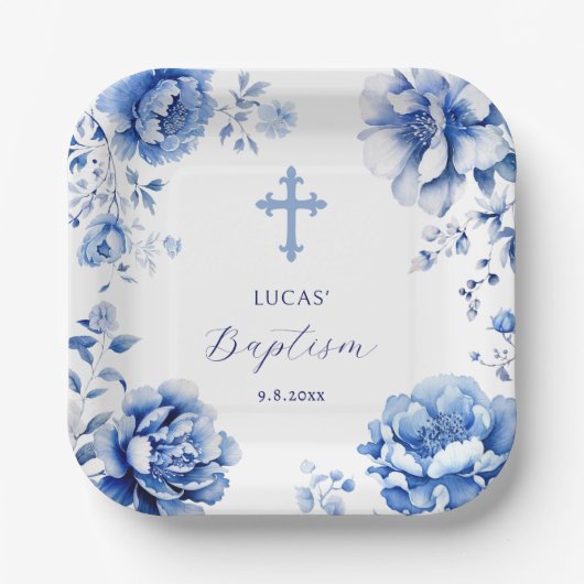 Assiettes En Carton Baptême des fleurs bleues (Recto)