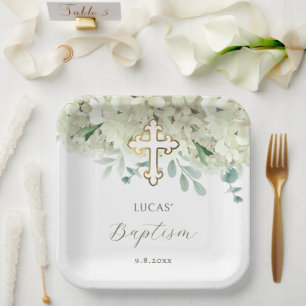 Assiettes En Carton Baptême d'Hydrangée blanche