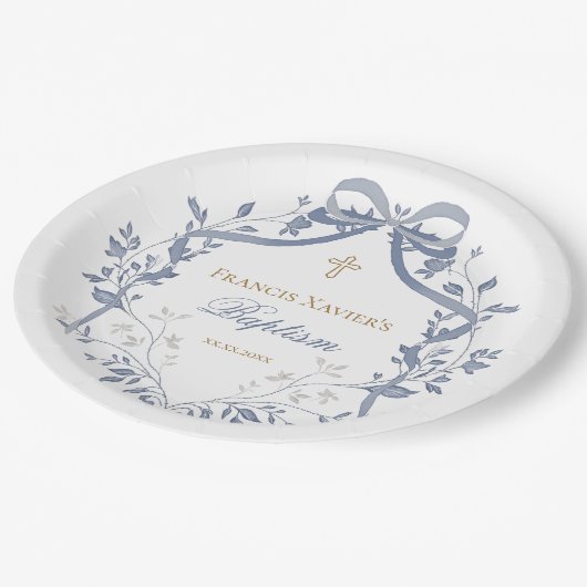 Assiettes En Carton Baptême élégant arc bleu (Angle)