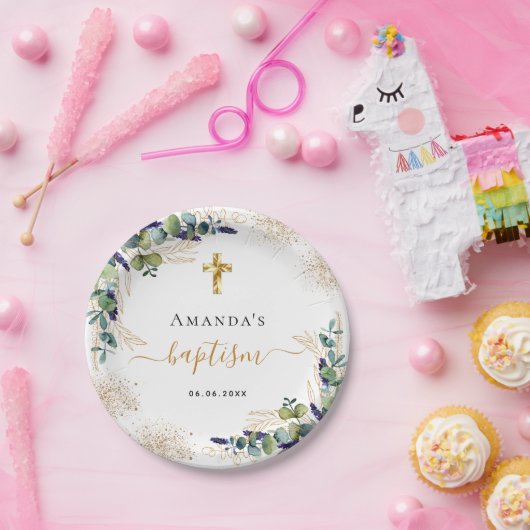 Assiettes En Carton Baptême eucalyptus parties scintillant de verdure  (Fête)