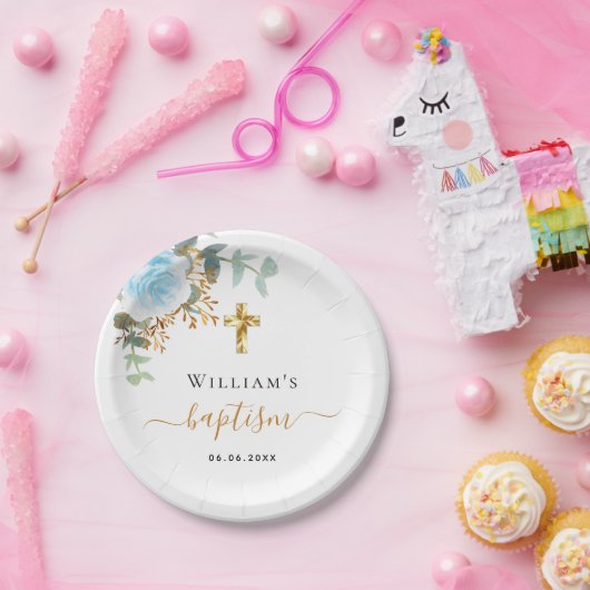 Assiettes En Carton Baptême eucalyptus vert bleu garçon fleuri (Fête)