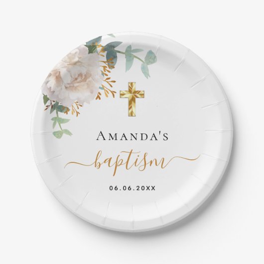 Assiettes En Carton Baptême eucalyptus vert croix d'or fleuri (Devant)