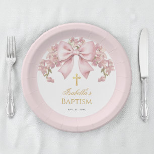 Assiettes En Carton Baptême Fille Nœud Rose Floral & Croix Dorée