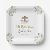 Assiettes En Carton Baptême floral blanc (Recto)