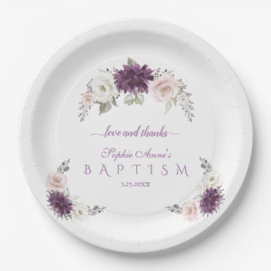 Assiettes En Carton Baptême floral blanc lavande