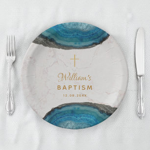 Assiettes En Carton Baptême Garçon Géode Bleue Marbre Croix Dorée