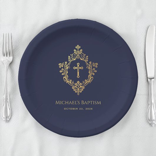 Assiettes En Carton Baptême Garçon Marine Bleu Faux Gold Crest Religie