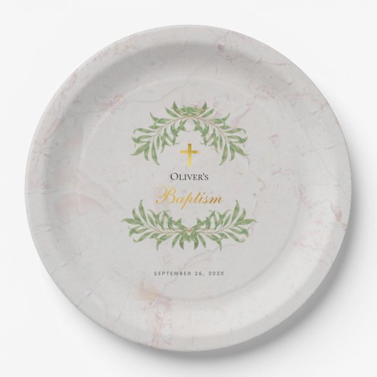 Assiettes En Carton Baptême Marbre Foliage Verdure Faux Gold Script (Devant)