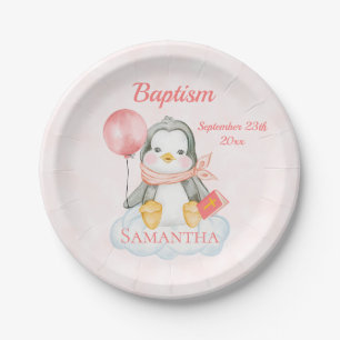 Assiettes En Carton Baptême mignon Aquarelle Bébé Pingouin rose