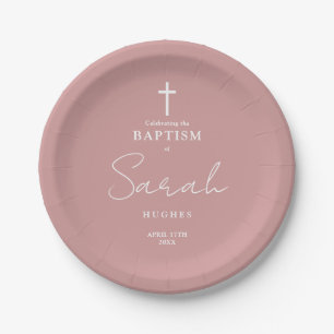 Assiettes En Carton Baptême minimaliste rose Rose poussiéreux