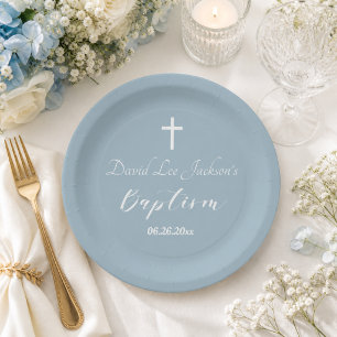 Assiettes En Carton Baptême Moderne Christening Croix Blanche Bleu Pou