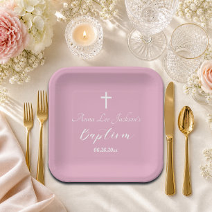 Assiettes En Carton Baptême Moderne Christening Croix Blanche Rose Pou