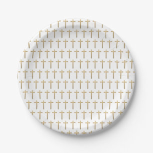 Assiettes En Carton Baptême motif de la Croix d'or blanc simple