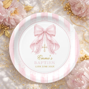 Assiettes En Carton Baptême Nœud Rose Bébé Fille