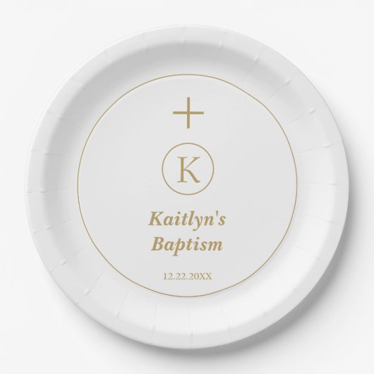 Assiettes En Carton Baptême Or Blanc Monogramme Initiales Élégant Cool (Devant)