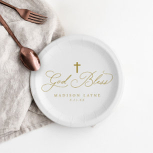 Assiettes En Carton Baptême Première communion Gold Dieu béni Croix