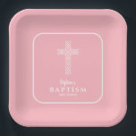 Assiettes En Carton Baptême rose croisé moderne<br><div class="desc">Les plaques en papier avec une croix blanche à tissage ouvert sur un élégant arrière - plan bleu sont idéales pour le baptême,  le baptême,  la première communion,  la fête de confirmation ou de dédicace ou la réception de votre enfant. invitations MATCHING et plus encore dans notre collection.</div>