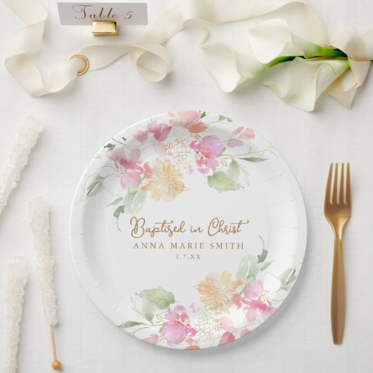 Assiettes En Carton Baptisé dans Christ rose floral personnalisé Baptê (Mariage)
