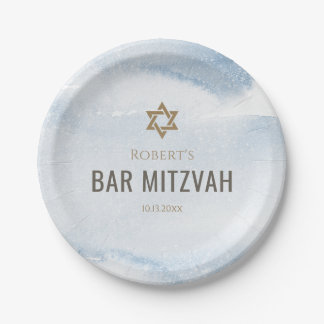 Assiettes En Carton Bar Mitzvah aquarelle bleu poussiéreux