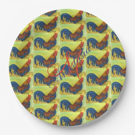 ASSIETTES EN CARTON BARN YARD FUN ROOSTER MONOGRAM PARTI (Devant)