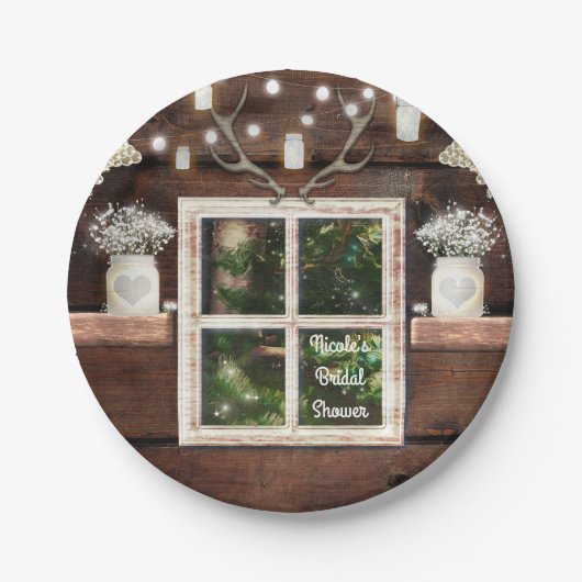 Assiettes En Carton Barne rustique Fenêtre Arbre & Mason Jar Mariage (Devant)