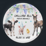 Assiettes En Carton Barnyard Farm Animaux 1er anniversaire<br><div class="desc">Thème d'anniversaire de l'animal de ferme pour enfants. Facile à personnaliser. cochon,  vache,  poussin,  hippique aquarelle graphiques avec confettis,  bannières de bouts,  casquettes de fête mignonne et lunatique</div>