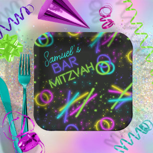 Assiettes En Carton Barre de manchons à lents Neon Mitzvah ID991