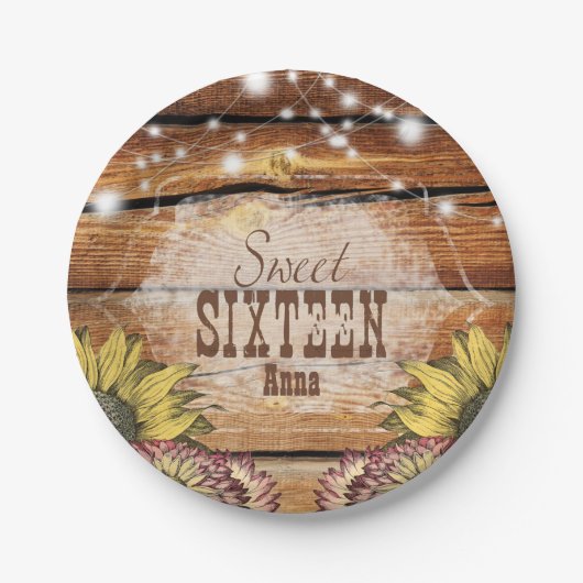 Assiettes En Carton Barre Rustique Bois Chaîne Lumières Tournesols (Devant)