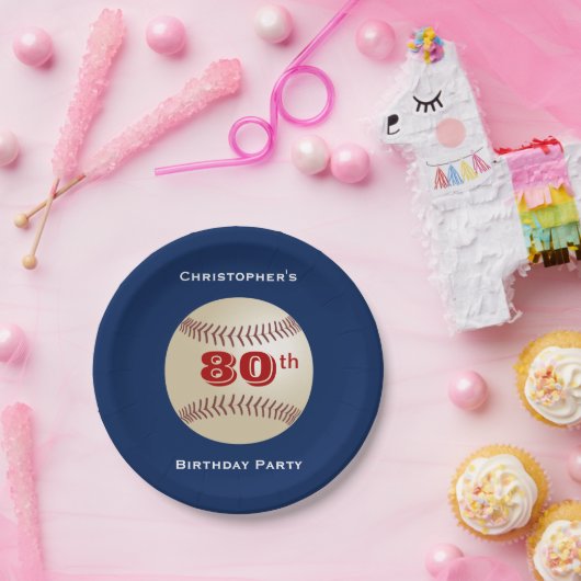 Assiettes En Carton Baseball 80th Birthday Party Blue, Nom, (Fête)