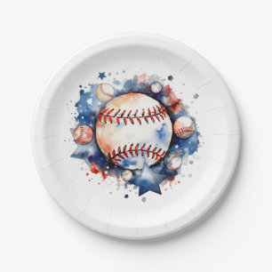 Assiettes En Carton Baseball bleu et rouge
