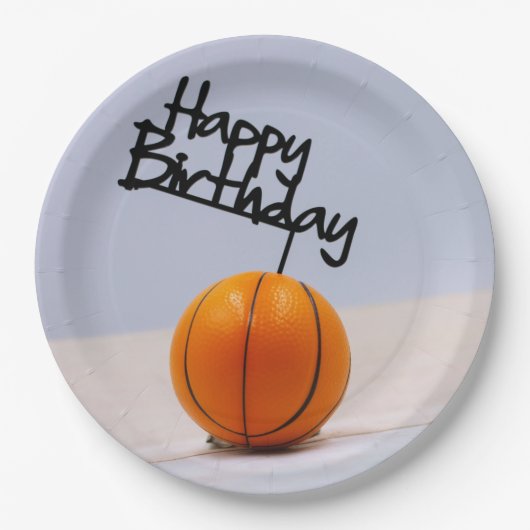 Assiettes En Carton Basket-ball avec joyeux anniversaire sur un arrièr (Devant)