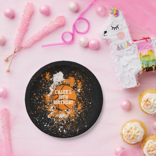 Assiettes En Carton Basketball Grunge Paint Splatz orange Noir (Fête)