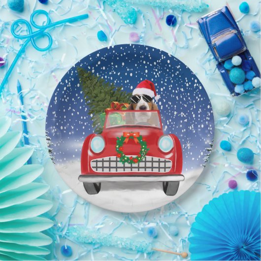 Assiettes En Carton Basset Hound Chien Conduite Voiture En Noël De Nei (Fête)