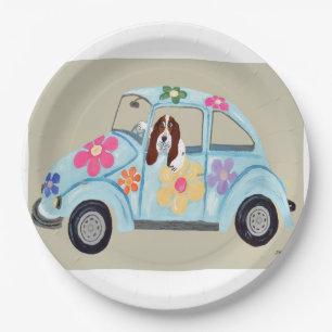 Assiettes En Carton Basset Hound dans une voiture hippie