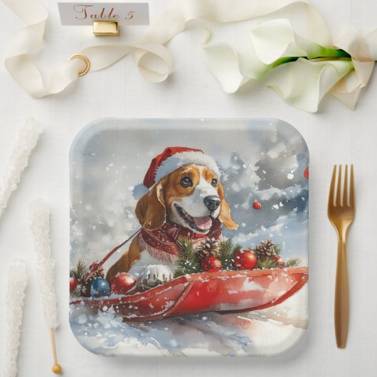 Assiettes En Carton Basset Hound Dog in Sledge Let it Neige Noël (Mariage)