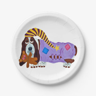 Assiettes En Carton Basset Hound en pyjama avec ours en peluche