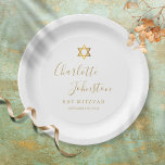 Assiettes En Carton Bat mitzvah, Bar Mitzvah Elegant Script Gold<br><div class="desc">Doté d'un nom de signature de script doré. Personnalisez avec vos informations spéciales Bat ou Bar Mitzvah en lettres or chic Conçu par Thisnotme©</div>