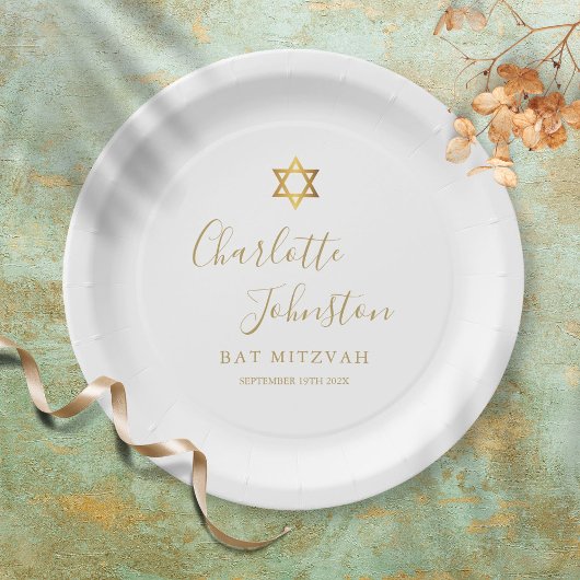 Assiettes En Carton Bat mitzvah, Bar Mitzvah Elegant Script Gold