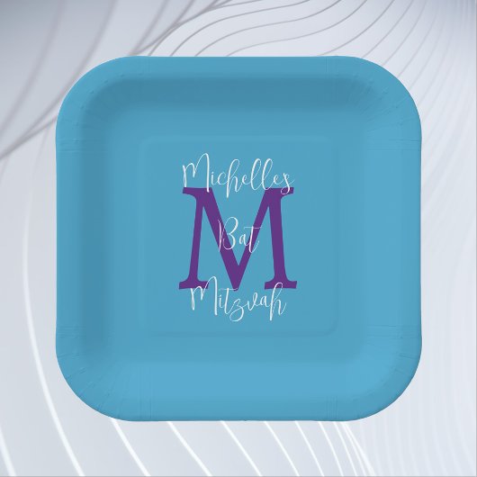 Assiettes En Carton Bat mitzvah Sky Blue Purple Blanc Nom Monogramme