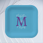 Assiettes En Carton Bat mitzvah Sky Blue Purple Blanc Nom Monogramme<br><div class="desc">Quelle merveilleuse plaque en papier personnalisée pour une réception Bat / Bas Mitzvah Party. Arrière - plan bleu ciel,  monogramme violet,  nom blanc. Choisissez carré ou rond. Tous droits réservés © 2024 Alan & Marcia Socolik.</div>