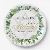 ASSIETTES EN CARTON BAT MITZVAH WREATSTAR BAR GREEN GOLD FOLIAGE (Devant)