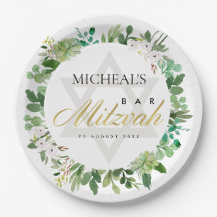 ASSIETTES EN CARTON BAT MITZVAH WREATSTAR BAR VERT GOLD FOLIAGE 