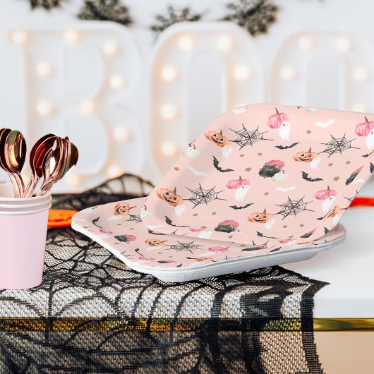 Assiettes En Carton Bat Web Citrouille Halloween rose et orange amusan