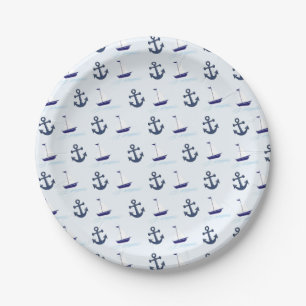 Assiettes En Carton Bateau à voile et Motif d'Ancres Bleu