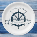 Assiettes En Carton Bateau de croisière familiale Vintage Roue nautiqu<br><div class="desc">Chic plat de papier de vacances d'été personnalisé pour votre croisière sur la plage sur l'océan avec un volant de bateau bleu marine. Ce design sur le thème nautique est parfait pour les familles de fidèles mariés de classe pour commémorer le voyage spécial. Personnalisez avec votre nom de famille et...</div>